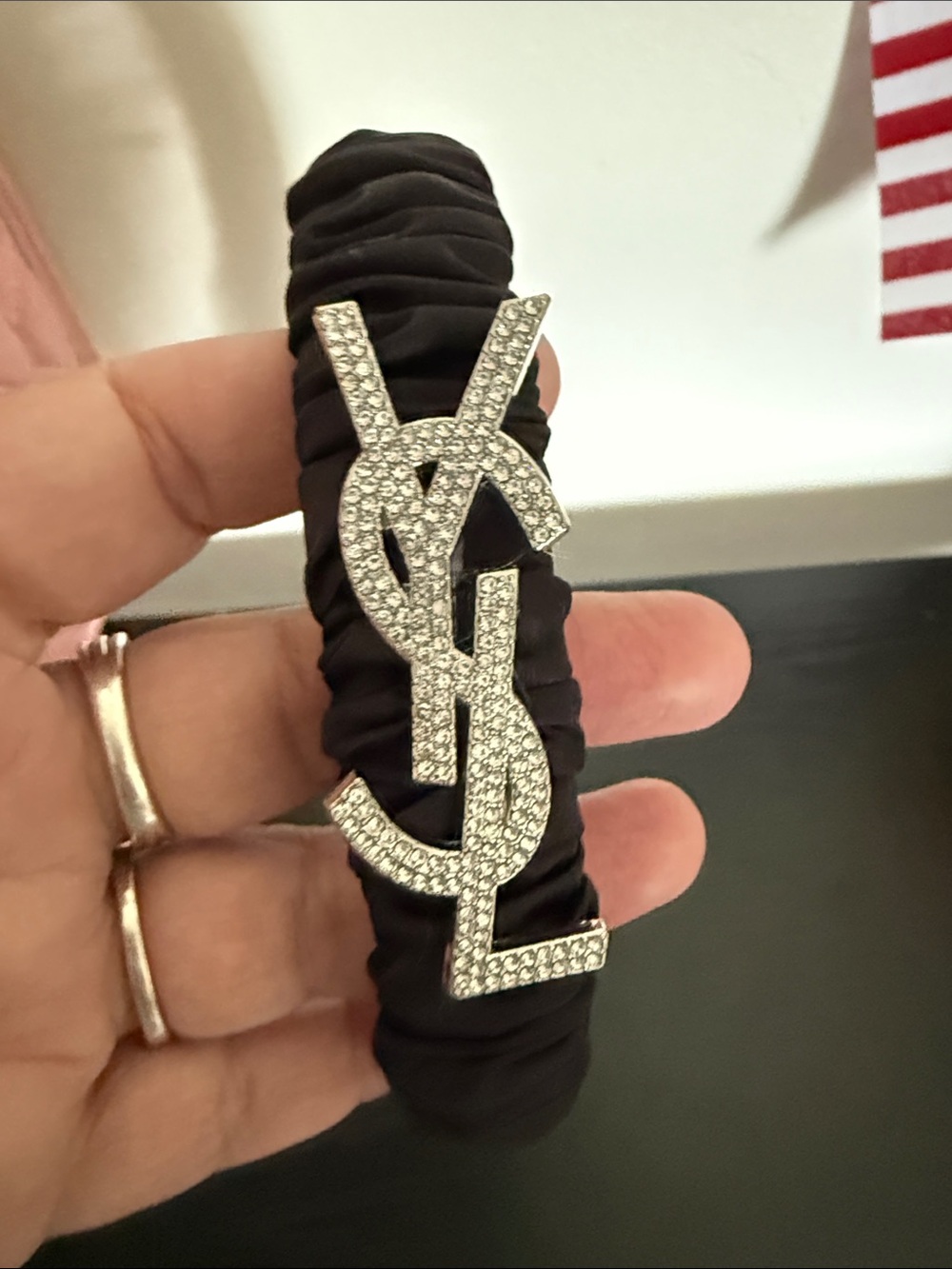 Yves Saint Laurent Black  Headband with Crystal YSL logo